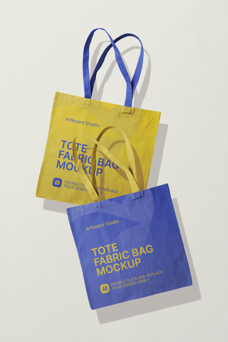 Editable smart layer and changeable design option. Flying Tote Fabric Bag Mockup Scene