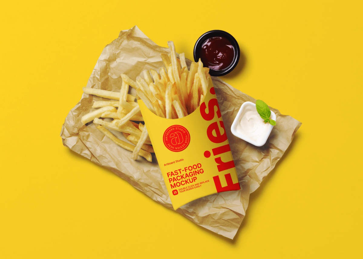 Place your own brand design to . French Fries Packaging Mockup Template