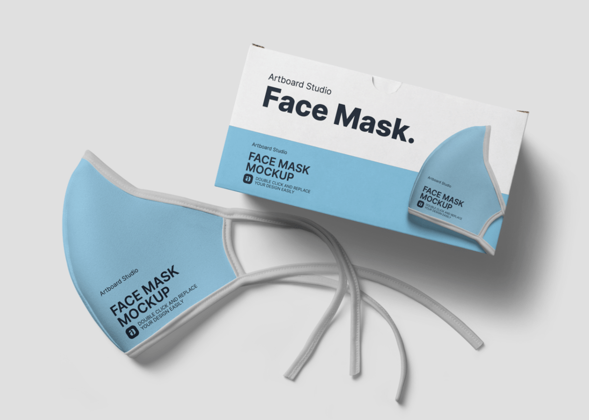 Mother and child with face mask and hand sanitizer family with kids in face mask in shopping mall or airport. Face Mask With Box Mockup Template